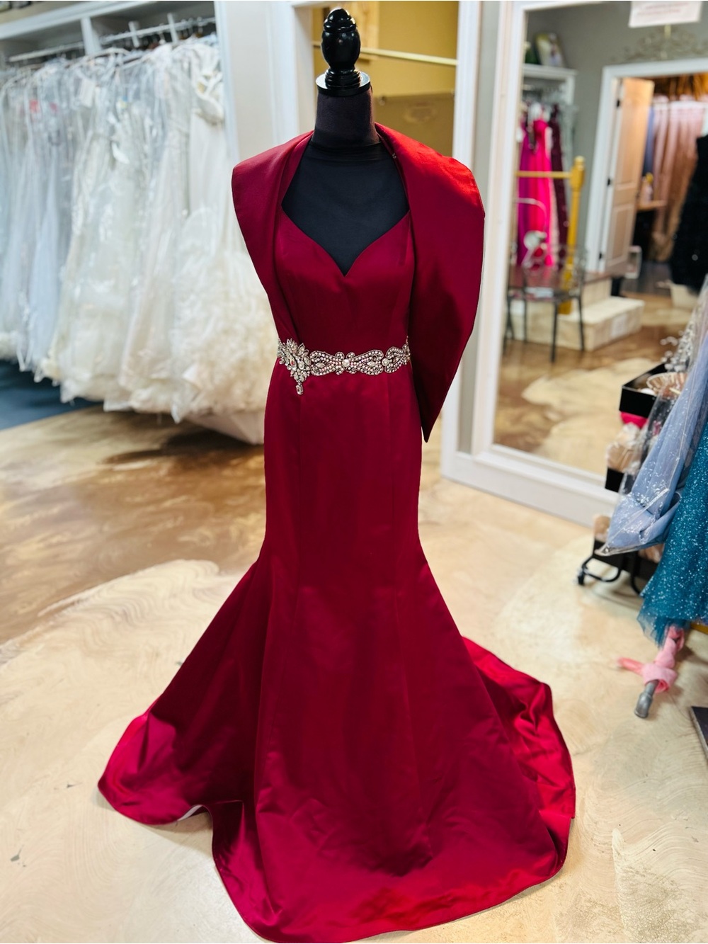 Rachel Allan Scarlet Satin Mermaid Gown with Jeweled Waist